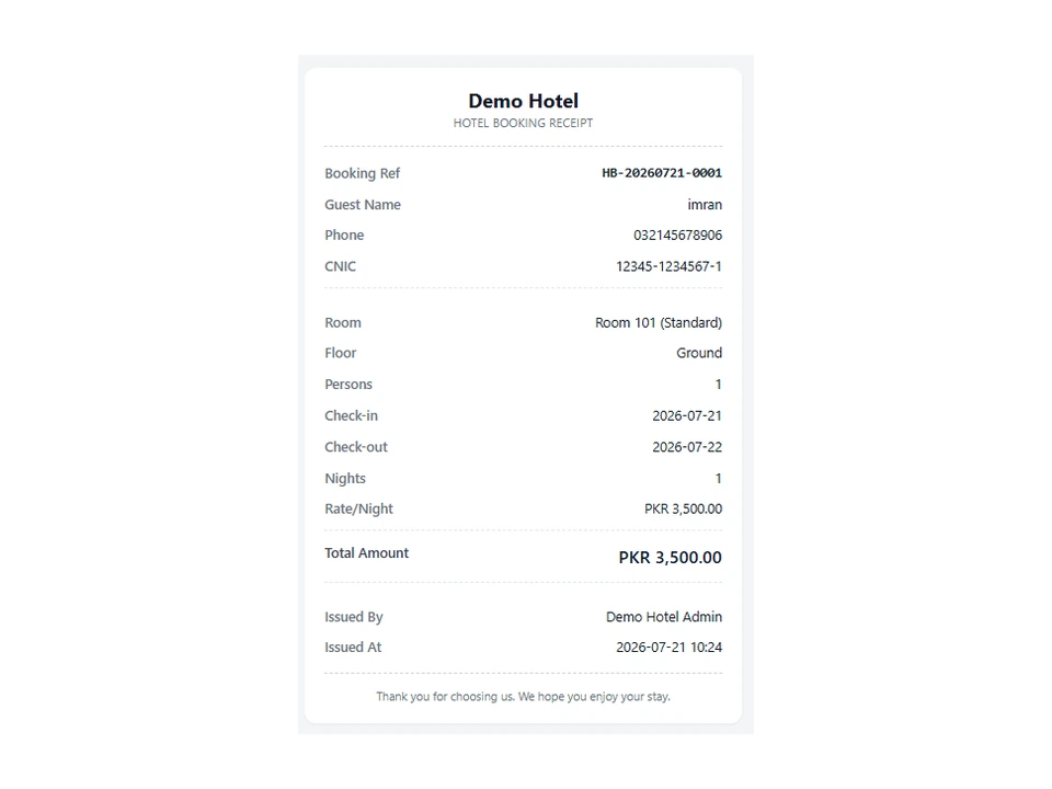 HotelBook billing and payment receipt preview