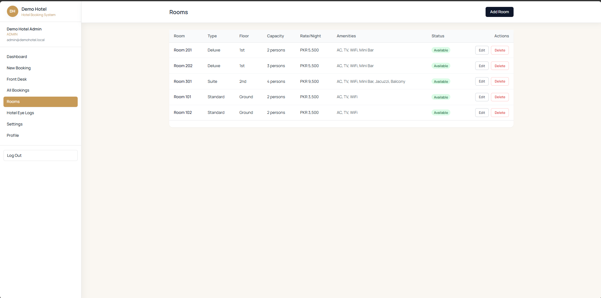 HotelBook room and reservation management screen