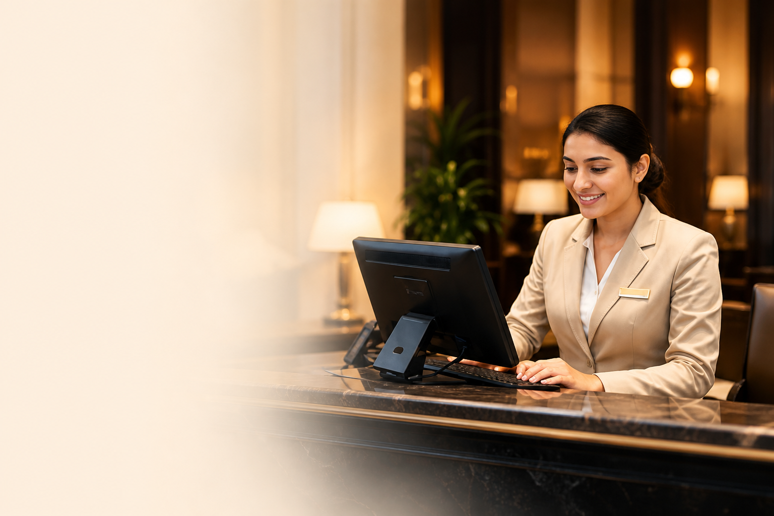 Hotel receptionist working at a computer in a warmly lit hotel lobby