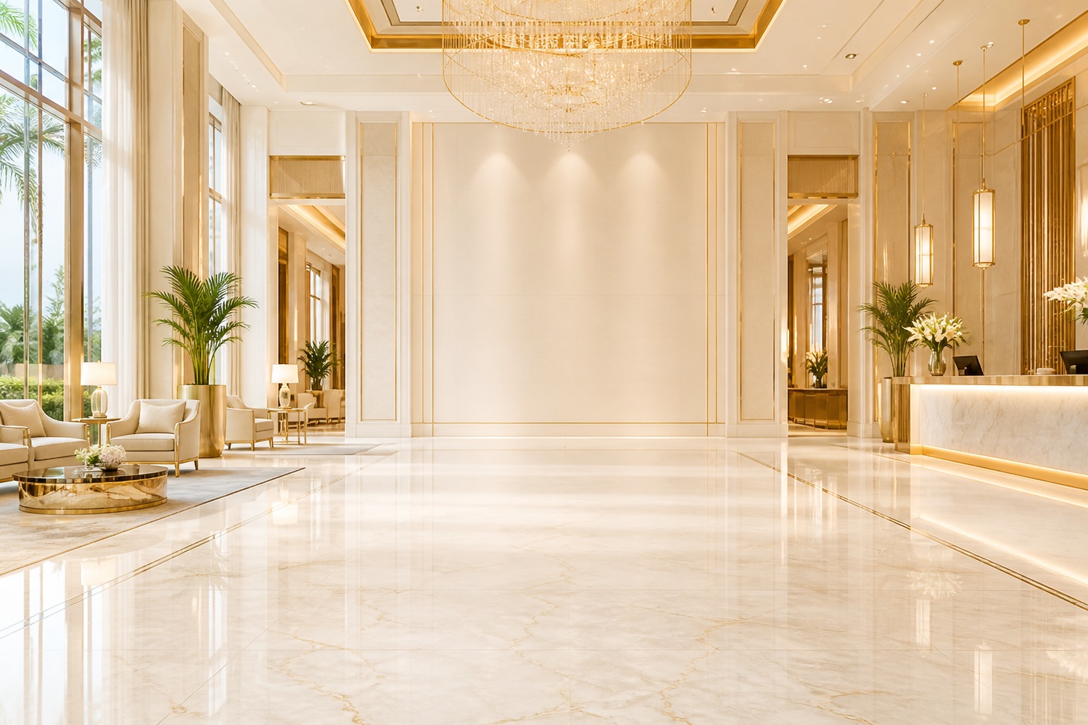 Bright luxury hotel lobby and reception interior
